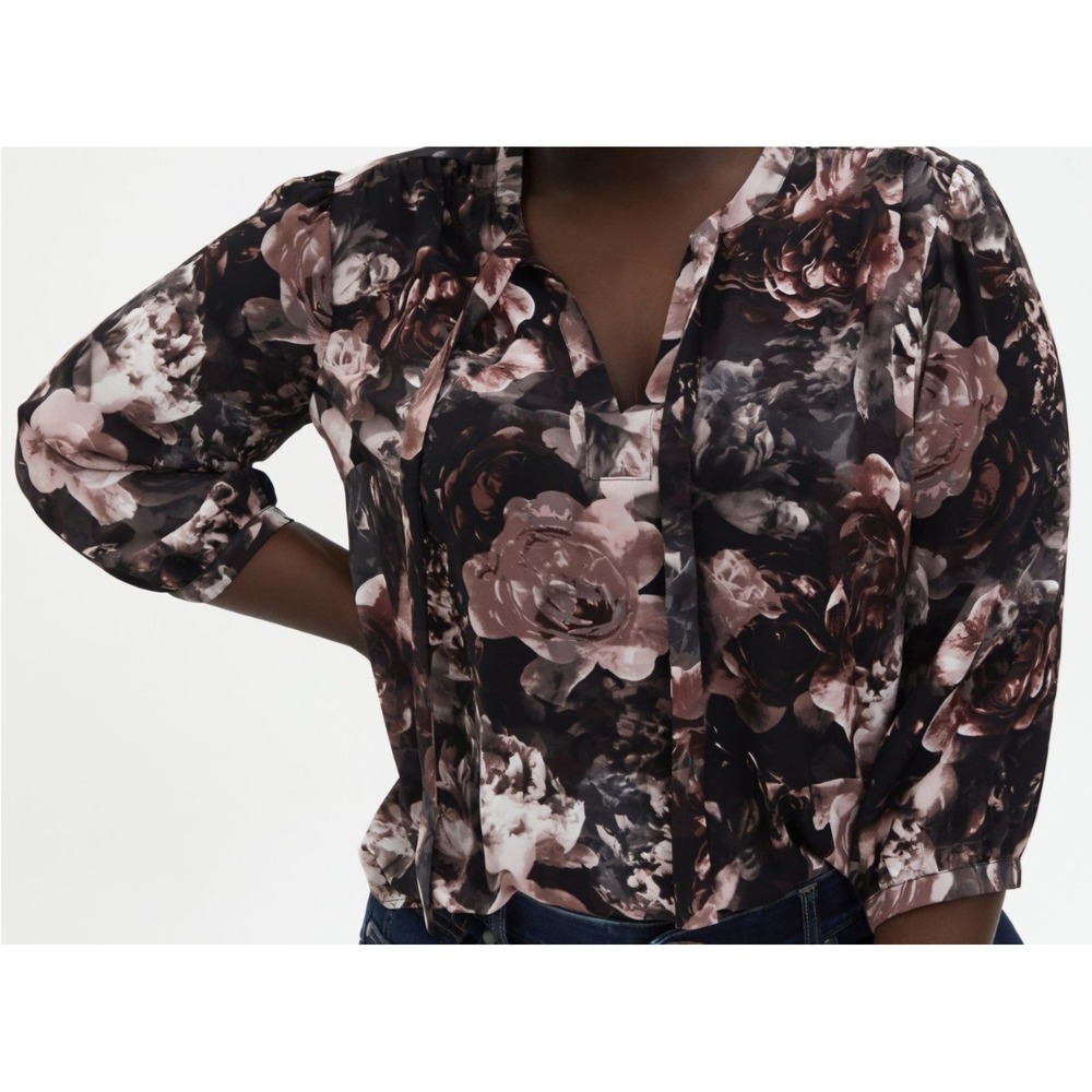 TORRID Size 1 Keyhole Bow Tie V-Neck 3/4 Sleeve Top Blouse Floral - Picture 4 of 9